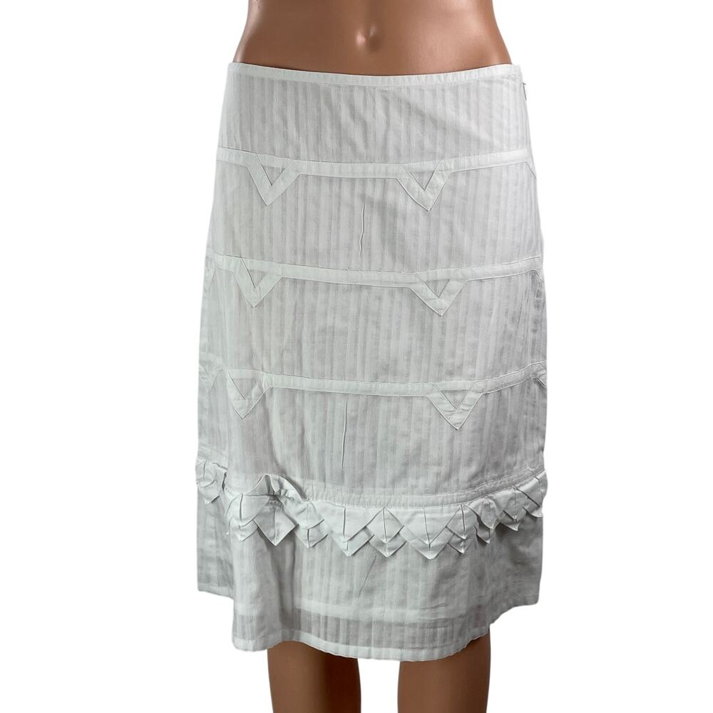 Beth Bowley Womens White Pinstripe Geometric Chevron Ruffles Knee Length Skirt 4